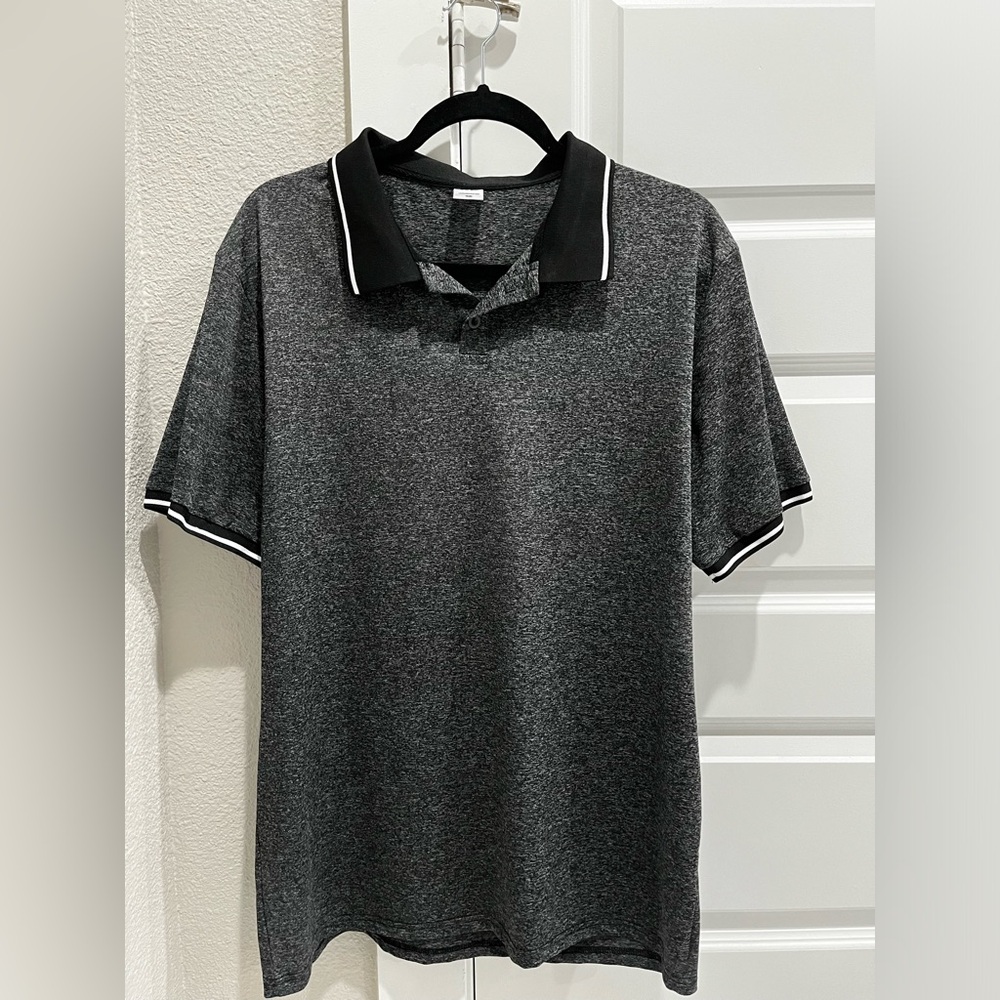 short sleeve charcoal collard shirt. dri fit material. soft.